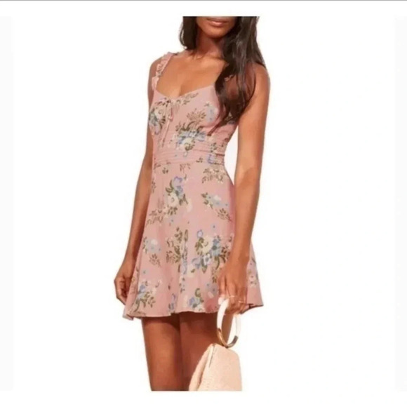 Reformation Irene Elyse Floral Smocked Mini Dress 12 Pink V-neck Ruffle B883 - Picture 5 of 9
